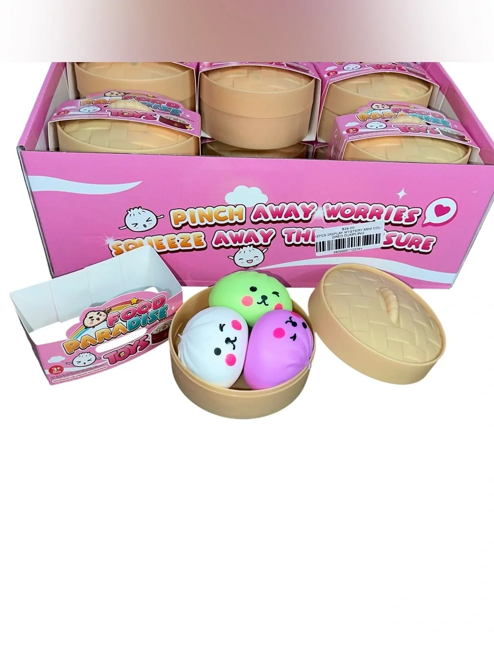 Kawaii Squeeze Toy Trio in Bamboo Steamer - Pink, Green, White